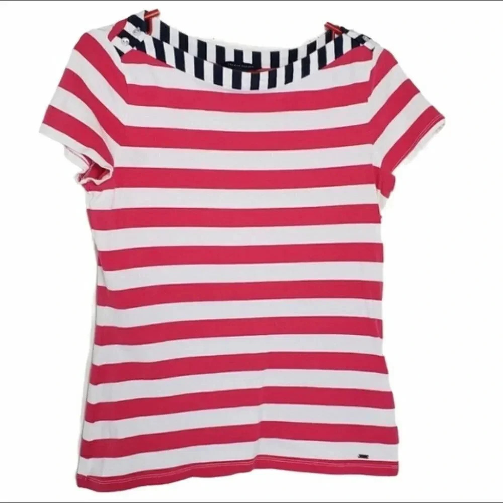 Tommy Hilfiger Women's Striped Boatโ Neck T Shirt Coral White Navy Size M